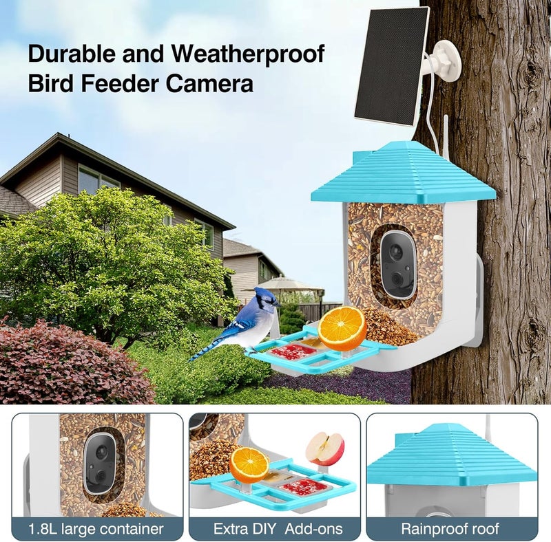 Aprilmin Smart Bird Feeder with Camera,AI Identify Species,Bird House with Solar Powered,Instant Arrival Alerts,2K Capture Video,Live View for Lover (Blue) - Image 4